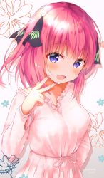 Rule 34 | 1girl, :d, amedamacon, artist name, black ribbon, blush, breasts, commentary request, dress, fingernails, floral background, go-toubun no hanayome, hair ribbon, hand up, highres, long sleeves, medium breasts, nail polish, nakano nino, open mouth, pink dress, pink hair, pink nails, purple eyes, ribbon, smile, solo, two side up, w