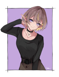 Rule 34 | 1girl, absurdres, alternate species, anya melfissa, belt, black belt, black choker, black sweater, blonde hair, border, breasts, brown hair, brown skirt, choker, collarbone, commentary, english commentary, head tilt, highres, hitozche, hololive, hololive indonesia, long pointy ears, medium breasts, multicolored hair, outside border, pointy ears, purple eyes, ribbed sweater, short hair, skirt, smile, solo, streaked hair, sweater, sweater tucked in, virtual youtuber, white border