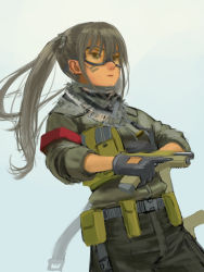 Rule 34 | 1girl, armband, bad id, bad pixiv id, belt, belt pouch, black gloves, blue background, brown hair, completion time, facepaint, furukawa herzer, gloves, gun, handgun, highres, holding, holding gun, holding weapon, jacket, long hair, original, pouch, cocking gun, shell casing, safety glasses, simple background, sleeves pushed up, solo, tactical clothes, tinted eyewear, trigger discipline, twintails, war paint, weapon, weapon request, yellow-tinted eyewear