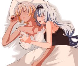 Rule 34 | 2girls, black nails, black negligee, blonde hair, blush, breasts, closed eyes, closed mouth, collarbone, grabbing, grabbing another&#039;s breast, grey hair, grey nails, hair intakes, hair ornament, highres, large breasts, lingerie, long hair, luvdia, multicolored hair, multiple girls, negligee, open mouth, osg pk, park dona, pillow, second-party source, short hair, sleeping, strap slip, streaked hair, tan, under covers, underwear, virtual youtuber, vlyz, white negligee, yun eze, yuri
