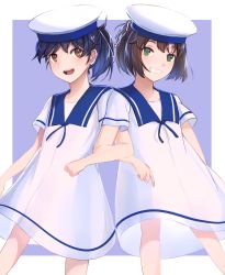 Rule 34 | 2girls, :d, aidesa, bad id, bad pixiv id, black hair, blush, breasts, brown hair, daitou (kancolle), dress, grin, hair ribbon, hat, hiburi (kancolle), highres, kantai collection, locked arms, looking at viewer, multiple girls, open mouth, ponytail, ribbon, round teeth, sailor dress, sailor hat, shoes, short hair, smile, standing, teeth, two-tone background, white hat, white ribbon