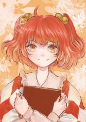 Rule 34 | 1girl, ahoge, bell, book, commentary request, crossed wrists, floral background, hair bell, hair ornament, highres, jingle bell, johnalay, looking at viewer, motoori kosuzu, orange eyes, orange hair, smile, solo, split mouth, touhou, two side up, upper body