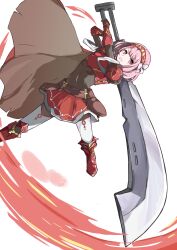 Rule 34 | 1girl, armor, braid, breastplate, cape, fire emblem, fire emblem engage, grey hairband, hairband, highres, holding, holding sword, holding weapon, huge weapon, kazami doriru, lapis (fire emblem), nintendo, pink eyes, pink hair, red armor, red cape, red hairband, ribbon, side braid, solo, sword, two-tone hairband, weapon, white ribbon