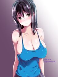 Rule 34 | 1girl, arms at sides, bare arms, bare shoulders, black hair, blue shirt, blush, breasts, brown eyes, collarbone, enomoto hidehira, large breasts, light particles, long hair, looking at viewer, original, purple background, shiny skin, shirt, smile, solo, tank top, upper body