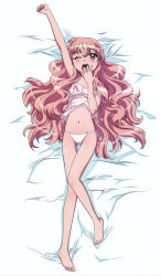 Rule 34 | 00s, 1girl, artist request, barefoot, blush, camisole, dakimakura (medium), feet, full body, highres, louise francoise le blanc de la valliere, navel, official art, panties, pink eyes, pink hair, pinup (style), see-through, side-tie panties, solo, the bed, underwear, underwear only, yawning, zero no tsukaima