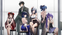 Rule 34 | 1boy, 5girls, absurdres, ahoge, alternate costume, alternate hairstyle, aqua nails, arm strap, ass, backless dress, backless outfit, bad id, bad pixiv id, bangle, bare arms, bare back, bare legs, bare shoulders, black gloves, black hair, black suit, blue dress, blue hair, bob cut, bracelet, breasts, brown hair, brown pantyhose, cleavage, cleavage cutout, closed mouth, clothing cutout, commentary request, cone hair bun, criss-cross halter, crossed bangs, crossed legs, dark blue hair, derby (dabidabi), double bun, dress, earrings, elbow gloves, eyeliner, feather boa, feet out of frame, flower, flower-shaped pupils, formal, ganyu (genshin impact), genshin impact, gloves, goat horns, gradient hair, green eyes, green vest, grey hair, hair bun, hair flower, hair ornament, hair over one eye, halterneck, hand up, highres, horns, hu tao (genshin impact), jewelry, keqing (genshin impact), large breasts, light smile, long hair, looking at viewer, looking back, makeup, median furrow, medium breasts, multicolored hair, multiple girls, nail polish, necktie, on chair, orange eyeliner, pantyhose, parted lips, plum blossoms, purple dress, purple hair, red eyes, see-through, see-through dress, shenhe (genshin impact), short dress, short hair, sidelocks, single elbow glove, sitting, standing, streaked hair, suit, symbol-shaped pupils, tassel, tassel earrings, thighs, turtleneck, turtleneck dress, twintails, two-tone dress, two-tone hair, vest, white necktie, yelan (genshin impact), yellow eyes, zhongli (genshin impact)