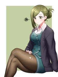 Rule 34 | 1girl, asymmetrical bangs, black cardigan, black pantyhose, border, breasts, cardigan, collarbone, crossed legs, feet out of frame, folded ponytail, green background, greenteamousou, hand on own thigh, highres, idolmaster, idolmaster shiny colors, large breasts, looking down, nanakusa hazuki, office lady, open collar, outside border, pantyhose, simple background, solo, squiggle, thighs, torn clothes, torn pantyhose, white border