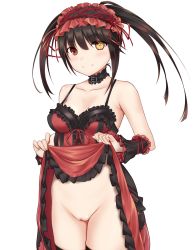 Rule 34 | 1girl, absurdres, asymmetrical hair, bare shoulders, black hair, black thighhighs, blush, breasts, cleavage, cleft of venus, clock eyes, clothes lift, cowboy shot, date a live, detached collar, dress, dress lift, frilled dress, frills, gothic lolita, hairband, heterochromia, highres, lifting own clothes, lolita fashion, lolita hairband, long hair, looking at viewer, medium breasts, no panties, pussy, red eyes, simple background, skindentation, smile, solo, spaghetti strap, standing, symbol-shaped pupils, thighhighs, tokisaki kurumi, twintails, uncensored, user zekh7423, white background, yellow eyes