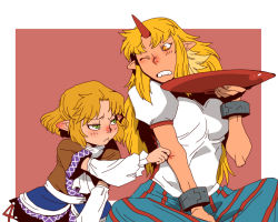 Rule 34 | 2girls, :&lt;, arm warmers, blonde hair, blush, clenched teeth, cuffs, cup, ear blush, eye contact, female focus, green eyes, horns, hoshiguma yuugi, looking at another, mizuhashi parsee, multiple girls, onikobe rin, pinching, pointy ears, red background, sakazuki, shackles, simple background, single horn, teeth, touhou, wince, yellow eyes