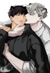 Rule 34 | 2boys, animal ears, black hair, black hoodie, cat ears, cat tail, collared shirt, fang, fang out, highres, hood, hoodie, ilay riegrow, jeong taeui, licking, licking another&#039;s cheek, licking another&#039;s face, looking at another, male focus, multiple boys, nnn 0x0, passion (manhwa), sharp teeth, shirt, short hair, simple background, sweatdrop, tail, teeth, veins, white background, white hair, white shirt, yaoi