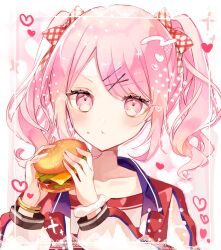 Rule 34 | 1other, :t, akiyama mizuki, alternate hairstyle, androgynous, black jacket, blue jacket, blush, border, bow, bracelet, bread bun, burger, casual, cheese, closed mouth, collarbone, commentary, cross, curly hair, dotabata cafe rec!! (project sekai), eating, eyelashes, food, food on face, framed, hair bow, hair ornament, hairclip, heart, heart background, highres, holding, holding food, jacket, jewelry, lace, lettuce, long hair, long sleeves, looking at viewer, multicolored clothes, multicolored jacket, open clothes, open jacket, other focus, pink background, pink eyes, pink hair, plaid, plaid bow, portrait, project sekai, purple jacket, red bow, red jacket, red shirt, shirt, sleeve cuffs, solo, striped clothes, striped jacket, striped shirt, twintails, two-tone bow, two-tone shirt, white border, white bow, white jacket, white shirt, x hair ornament, xokikox