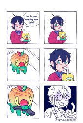 Rule 34 | 1boy, 6koma, :d, :o, ^ ^, absurdres, apple juice, appletun, black hair, cardigan, closed eyes, comic, commentary, creature, creatures (company), drinking straw, english commentary, english text, eye contact, game freak, gen 8 pokemon, glasses, green eyes, gun, handgun, highres, holding, juice, looking at another, looking at viewer, mouth hold, nintendo, open mouth, original, partially colored, pistol, pokemon, pokemon (creature), scared, smile, standing, strasberrie, sweat, twitter username, weapon