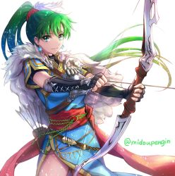 Rule 34 | 1girl, arrow (projectile), black gloves, bow (weapon), closed mouth, dress, earrings, fingerless gloves, fire emblem, fire emblem: the blazing blade, fire emblem heroes, gloves, green eyes, green hair, holding, holding bow (weapon), holding weapon, jewelry, long hair, lyn (fire emblem), mintes, nintendo, ponytail, quiver, short sleeves, side slit, simple background, smile, solo, twitter username, weapon, white background