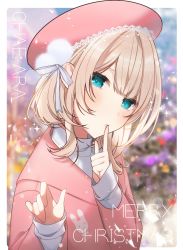 Rule 34 | 1girl, absurdres, beret, blonde hair, blue eyes, blurry, blurry background, blush, chae ara, character name, finger to mouth, from side, grey sweater, hair behind ear, hat, head tilt, highres, jacket, liri (liri guilty), looking at viewer, merry christmas, nijisanji, nijisanji kr, pink hat, pink jacket, snowing, solo, sparkle, sweater, virtual youtuber