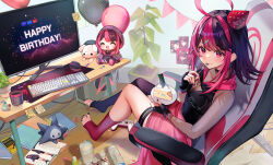 Rule 34 | 1girl, absurdres, ahoge, asymmetrical legwear, balloon, black choker, black gloves, black hair, black shirt, black thighhighs, bottle, cake, cake slice, can, chair, character doll, character name, choker, commentary, controller, cup, desk, eating, english commentary, feet, fingerless gloves, food, for dummies, fork, game controller, gaming chair, gloves, gx aura, hair ornament, hairclip, happy birthday, hat, highres, hood, hood down, keyboard (computer), long hair, mat, monitor, mug, multicolored hair, nail polish, official art, opera gx, party hat, pink eyes, pink hair, pink socks, plant, plate, polka dot headwear, red nails, remote control, second-party source, see-through, shirt, single sock, single thighhigh, sitting, socks, sticky note, swivel chair, thigh strap, thighhighs, toenail polish, toenails, utensil in mouth, virtual youtuber, wooden floor, yuniiho
