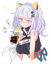 Rule 34 | 1girl, bare shoulders, blush, breasts, can, cleavage cutout, clothing cutout, dress, drunk, highres, kaguya luna, large breasts, silver hair, sleeveless, sleeveless dress, strong zero, sy-l-via, the moon studio, twintails, upper body, virtual youtuber