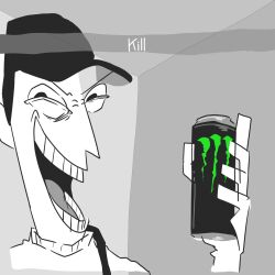 Rule 34 | 1boy, baseball cap, can, commentary, drink can, english commentary, english text, greyscale, half-closed eyes, hand up, hat, highres, holding, holding can, kipper goodbreakfast, looking at viewer, male focus, meme, monochrome, monster energy, open mouth, original, photo-referenced, portrait, sanpaku, shirt, short hair, shoulder strap, smile, snapchat, snapchat kill guy (meme), solo, spot color, v-shaped eyebrows, very short hair