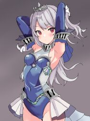 Rule 34 | 1girl, armpits, arms behind head, blue dress, blush, breasts, closed mouth, covered navel, detached sleeves, dress, duel monster, fins, grey background, head fins, highres, long hair, medium breasts, namou (namorton09), red eyes, simple background, solo, tearlaments scheiren, tiara, twintails, upper body, yu-gi-oh!