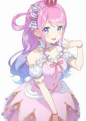 Rule 34 | 1girl, :d, bare shoulders, blue hair, breasts, candy hair ornament, candy wrapper, collarbone, commentary request, crown, dress, food-themed hair ornament, gradient hair, green eyes, hair ornament, hair rings, hand up, heterochromia, highres, himemori luna, himemori luna (1st costume), hololive, long hair, looking at viewer, medium breasts, mini crown, multicolored hair, off-shoulder shirt, off shoulder, open mouth, pink dress, pink hair, puffy short sleeves, puffy sleeves, purple eyes, segawa luna, shirt, short sleeves, simple background, smile, solo, very long hair, virtual youtuber, white background, white shirt