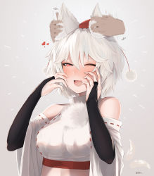 Rule 34 | 1girl, ;3, animal ear fluff, animal ears, black gloves, blush, breasts, bridal gauntlets, detached sleeves, eargasm, ehrrr, gloves, grey background, hair between eyes, hat, heart, highres, inubashiri momiji, large breasts, one eye closed, open mouth, pom pom (clothes), red eyes, red hat, ribbon-trimmed sleeves, ribbon trim, short hair, simple background, smile, solo focus, tail, tokin hat, touhou, twitter username, uncommon stimulation, upper body, white hair, wolf ears, wolf tail