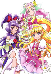 Rule 34 | 3girls, absurdres, arm support, asahina mirai, black gloves, blonde hair, bow, collarbone, cure felice, cure magical, cure miracle, earrings, elbow gloves, floating hair, flower, gloves, grey eyes, ha-chan (mahou girls precure!), hair bow, hair flower, hair ornament, hairband, hanami kotoha, high ponytail, highres, invisible chair, izayoi liko, jewelry, kneeling, crossed legs, long hair, looking at viewer, magical girl, mahou girls precure!, multiple girls, pink eyes, pink hair, pink hairband, precure, precure, purple bow, purple hair, red bow, see-through, simple background, sitting, sleeveless, smile, standing, twintails, very long hair, white background, white flower, white gloves, white legwear, wrist cuffs