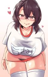 Rule 34 | 1girl, alternate costume, blush, breasts, brown eyes, brown hair, buruma, buruma pull, closed mouth, clothes pull, commentary request, cowboy shot, female pubic hair, fingernails, glasses, gradient background, gym shirt, gym uniform, heart, highres, kawai yade, large breasts, lips, looking at viewer, low twintails, narrowed eyes, plump, pubic hair, raised eyebrows, red buruma, shirt, short hair, solo, thighhighs, tongue, tongue out, touhou, twintails, usami sumireko, white shirt, white thighhighs, wide hips