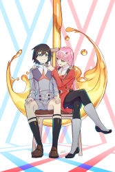 Rule 34 | 10s, 1boy, 1girl, absurdres, black pantyhose, boots, brown hair, canata-k, canata katana, crossed legs, darling in the franxx, dress, green eyes, hairband, highres, hiro (darling in the franxx), horns, long hair, long sleeves, looking at another, pantyhose, pink hair, red dress, short hair, sitting, socks, uniform, white footwear, white hairband, zero two (darling in the franxx)