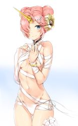 Rule 34 | 1girl, bandages, bikini, blue background, blush, bracelet, breasts, closed mouth, cowboy shot, double bun, fate/grand order, fate (series), frankenstein&#039;s monster (fate), frankenstein&#039;s monster (swimsuit saber) (third ascension) (fate), gradient background, hair bun, hair ornament, hair over one eye, hands on own chest, hands up, highres, hip focus, horns, jewelry, looking at viewer, navel, pink hair, short hair, side-tie bikini bottom, silver (chenwen), single horn, small breasts, smile, solo, swimsuit, thighs, white bikini