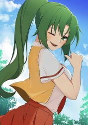 Rule 34 | 1girl, ;d, absurdres, blue sky, cloud, day, floating hair, from side, green eyes, green hair, hair intakes, high ponytail, highres, higurashi no naku koro ni, long hair, looking at viewer, looking to the side, necktie, one eye closed, open clothes, open mouth, open vest, orange skirt, outdoors, pleated skirt, poyadevil, red necktie, school uniform, shirt, short sleeves, skirt, sky, smile, solo, sonozaki mion, very long hair, vest, white shirt, yellow vest