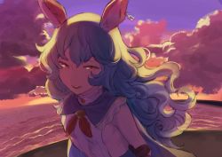 10s 1girl animal_ears arm_at_side arm_grab arms_behind_back bare_shoulders blue_hair breasts cape cloud cloudy_sky earrings erune evening female_focus ferry_(granblue_fantasy) granblue_fantasy half-closed_eyes hoop_earrings jewelry long_hair looking_at_viewer ocean orange_eyes rabbit_ears sand shirt sideboob single_earring sky small_breasts solo sunao_(souis) upper_body wavy_hair white_shirt