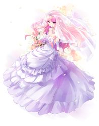 Rule 34 | 1girl, bouquet, breasts, bridal veil, cleavage, collarbone, covered navel, detached sleeves, diadem, dress, floating hair, flower, full body, highres, holding, holding bouquet, jewelry, long hair, louise francoise le blanc de la valliere, necklace, open mouth, orange flower, pink flower, pink hair, purple flower, red eyes, ring, simple background, sleeveless, sleeveless dress, small breasts, solo, standing, strapless, strapless dress, usatsuka eiji, veil, very long hair, wedding dress, white background, white dress, white flower, zero no tsukaima