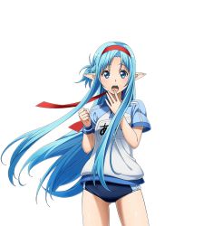 Rule 34 | 1girl, asuna (sao-alo), blue eyes, blue hair, blush, cowboy shot, floating hair, gluteal fold, gym uniform, headband, looking at viewer, open mouth, pointy ears, purple eyes, shiny skin, solo, standing, sword art online, transparent background