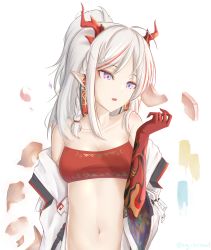 Rule 34 | 1girl, absurdres, arknights, artist name, bandeau, bare shoulders, braid, breasts, cleavage, commentary request, eyeshadow, half-closed eyes, hand up, highres, horns, jacket, long hair, long sleeves, makeup, midriff, multicolored hair, navel, nian (arknights), off shoulder, open clothes, open jacket, parted lips, partial commentary, purple eyes, quinn (eg bread), sidelocks, silver hair, simple background, single braid, small breasts, solo, stomach, strapless, streaked hair, tube top, twitter username, upper body, white background, white jacket
