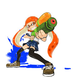 Rule 34 | &gt;:d, 1girl, :d, bad id, bad pixiv id, black thighhighs, blush, clenched teeth, eyebrows, fang, fingernails, foreshortening, full body, grin, ink, ink tank (splatoon), inkling, inkling girl, inkling player character, ladic, matching hair/eyes, nintendo, open mouth, orange eyes, orange hair, paint splatter, pleated skirt, school uniform, shiny skin, shirt, shoelaces, shoes, short hair with long locks, short sleeves, simple background, skirt, smile, sneakers, solo, splatoon (series), splatoon 1, splattershot (splatoon), super soaker, teeth, tentacle hair, thick eyebrows, thighhighs, twintails, v-shaped eyebrows, water gun, weapon, white background, white shirt, zettai ryouiki