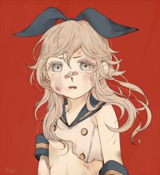 Rule 34 | 10s, 1girl, bad id, bad pixiv id, bandaid, blonde hair, blood, blue eyes, hairband, ibashi roni, kantai collection, long hair, nosebleed, red background, roni ibashi, shimakaze (kancolle), solo, tears, torn clothes
