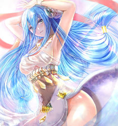 Rule 34 | 1girl, alternate costume, armpits, arms up, azura (fire emblem), blue hair, breasts, dancer (fire emblem: three houses), fire emblem, fire emblem fates, hair between eyes, long hair, nintendo, parted lips, solo, tongari, veil, yellow eyes