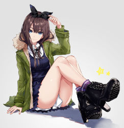 Rule 34 | 1girl, arisaka ako, arm support, arm up, ass, blue eyes, breasts, brown hair, closed mouth, dress, full body, fur collar, hair ribbon, highres, jacket, long hair, long sleeves, looking at viewer, medium breasts, open clothes, open jacket, original, ribbon, simple background, sitting, smile, solo