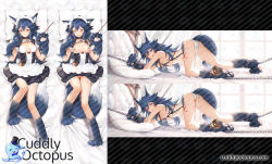 Rule 34 | 1girl, all fours, alternate costume, animal ears, animal hands, bed sheet, blue hair, bound, bound wrists, breasts, breasts apart, chain, chain leash, claws, collar, commentary request, cuddly octopus, dakimakura (medium), enmaided, fang, fenrir (shingeki no bahamut), frown, glaring, granblue fantasy, highres, kyuri tizu, leash, long hair, looking at viewer, lying, maid, maid headdress, multiple views, nipples, on back, open mouth, pillow, pussy, red eyes, small breasts, tail, tattoo, uncensored, v-shaped eyebrows, watermark, web address, window, wolf ears, wolf tail