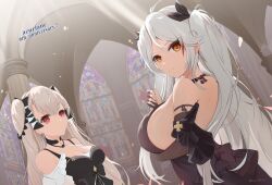 Rule 34 | 1girl, absurdres, alternate costume, anniversary, azur lane, backless dress, backless outfit, black dress, black gloves, black ribbon, breasts, bridal gauntlets, cleavage, dress, dutch angle, elbow gloves, english text, evening gown, formidable (azur lane), from side, fuji rock on, gloves, hair between eyes, hair ribbon, highres, large breasts, long hair, looking at viewer, multicolored hair, official alternate costume, orange eyes, prinz eugen (azur lane), prinz eugen (cordial cornflower) (azur lane), red eyes, red hair, ribbon, sideboob, solo, stained glass, streaked hair, twintails, two-tone hair, upper body, very long hair, white hair