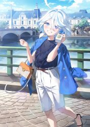 Rule 34 | 1girl, alternate costume, bag, black footwear, black shirt, blue eyes, blue jacket, blue sky, blush, bridge, casual, clenched teeth, cloud, cowlick, day, drop-shaped pupils, european architecture, foot out of frame, furina (genshin impact), genshin impact, gift, handbag, hands up, heterochromia, high heels, highres, holding, holding gift, jacket, jacket on shoulders, jewelry, looking at viewer, mismatched pupils, necklace, outdoors, river, ruien (wu jui-en), shadow, shirt, short hair, shorts, sky, solo, stone floor, symbol-shaped pupils, teeth, town, wavy hair, white hair, white shorts