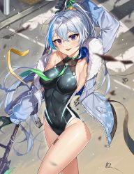 Rule 34 | 1girl, :d, aliceblue, arm up, armpits, bad id, bad pixiv id, barcode, barcode tattoo, black leotard, blue hair, blush, breasts, ephnel, fur trim, hair between eyes, highleg, highleg leotard, highres, holding, holding polearm, holding spear, holding weapon, jacket, large breasts, leg tattoo, leotard, long hair, looking at viewer, medium breasts, multicolored hair, open mouth, outdoors, polearm, ponytail, purple eyes, silver hair, smile, solo, soulworker, spear, sweat, tattoo, thighs, very long hair, weapon, wind