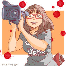 Rule 34 | 1girl, blood, blood splatter, brown eyes, brown hair, camera, clothes writing, commentary, dated, english text, glasses, grey shirt, harry (kamome1398), holding, holding camera, medium hair, one cut of the dead, recording, red-framed eyewear, shirt, short sleeves, solo, t-shirt, upper body, video camera
