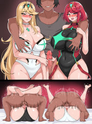 Rule 34 | 2boys, 2girls, anus, arm around shoulder, bare hips, bare shoulders, blonde hair, blush, grabbing another&#039;s breast, breasts, breasts squeezed together, censored, cleavage, clothing aside, collar, competition swimsuit, dark-skinned male, dark skin, grabbing, group sex, halterneck, head out of frame, headgear, heart, heart-shaped pupils, hella p, hetero, highres, huge breasts, hypnosis, instant loss, large breasts, leg lock, legs up, leotard, leotard aside, leotard pull, lying, mating press, mind control, missionary, mosaic censoring, multiple boys, multiple girls, mythra (radiant beach) (xenoblade), mythra (xenoblade), naughty face, nervous, nervous smile, netorare, on back, one-piece swimsuit, open mouth, orgy, penis, penis grab, pyra (pro swimmer) (xenoblade), pyra (xenoblade), red hair, seductive smile, sex, shiny skin, skin tight, skindentation, smile, swimsuit, symbol-shaped pupils, thick thighs, thighs, wrapped up, xenoblade chronicles (series), xenoblade chronicles 2