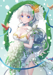 Rule 34 | 1girl, bare shoulders, bird, blue eyes, blue ribbon, breasts, bride, cleavage, closed mouth, cowboy shot, dress, earrings, flower knight girl, grey hair, hair ornament, harienju (flower knight girl), jewelry, kusumoto miya, large breasts, long hair, looking at viewer, neck, ribbon, smile, solo, wedding dress, white dress