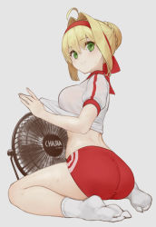 Rule 34 | 1girl, ahoge, ass, bad id, bad pixiv id, blonde hair, blush, braid, breasts, buruma, closed mouth, clothes lift, commentary request, fate/grand order, fate (series), french braid, from side, full body, green eyes, grey background, gym uniform, hair intakes, hand fan, headband, highres, lifting own clothes, looking at viewer, medium breasts, nero claudius (fate), nero claudius (fate) (all), nero claudius (fate/extra), nero claudius (olympian bloomers) (fate), new970, no shoes, official alternate costume, red buruma, red headband, shirt, shirt lift, short sleeves, simple background, sitting, smile, socks, solo, sweat, taut clothes, wariza, white shirt, white socks