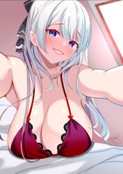 Rule 34 | 1girl, argus (azur lane), azur lane, blue eyes, blush, bra, breasts, cleavage, hair ribbon, highres, lace, lace-trimmed bra, lace trim, large breasts, long hair, looking at viewer, origami aya, outstretched arms, reaching, reaching towards viewer, ribbon, selfie, smile, underwear, white hair