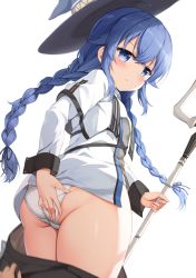 Rule 34 | 1girl, ass, assisted exposure, black headwear, black skirt, blue eyes, blue hair, blush, braid, capelet, closed mouth, clothes pull, commentary request, covering privates, covering ass, ezoshika, hair between eyes, hat, unworn hat, unworn headwear, holding, long hair, long sleeves, looking at viewer, looking back, low twintails, mushoku tensei, panties, roxy migurdia, shirt, simple background, skirt, skirt pull, solo focus, twin braids, twintails, underwear, very long hair, white background, white capelet, white panties, white shirt, witch hat
