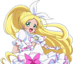 Rule 34 | 10s, 1girl, :d, blonde hair, blush, bow, braid, brooch, cure rhythm, earrings, green eyes, hair ribbon, happy, jewelry, long hair, magical girl, minamino kanade, open mouth, precure, puffy sleeves, ribbon, sinko (sinsin), skirt, smile, solo, suite precure, white background, wrist cuffs