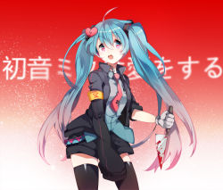 Rule 34 | 1girl, ahoge, aqua eyes, aqua hair, armband, blood, broken heart, character name, dasulchan, gloves, hair ornament, hatsune miku, heart, heart-shaped pupils, jacket, knife, long hair, necktie, open mouth, red background, shorts, sleeves pushed up, solo, symbol-shaped pupils, thighhighs, twintails, very long hair, vocaloid