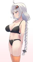 Rule 34 | 1girl, ahoge, arms behind back, black bra, black panties, blue eyes, blush, bow, bow panties, bra, braid, breasts, cleavage, closed mouth, commentary, cowboy shot, flying sweatdrops, frown, grey hair, hair ornament, hair tubes, highres, kizuna akari, lace, lace-trimmed bra, lace trim, large breasts, long hair, looking to the side, navel, orange thighhighs, paid reward available, panties, shun (b.c), simple background, solo, standing, striped clothes, striped thighhighs, thighhighs, twin braids, underwear, vertical-striped clothes, vertical-striped thighhighs, very long hair, vocaloid, voiceroid, white background